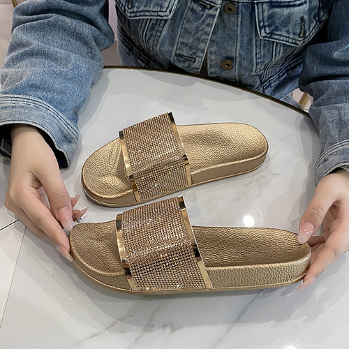 Cross-border fashion slippers Europe and the United States hot-selling new rhinestone color women's slippers thick sole comfortable versatile beach shoes wholesale