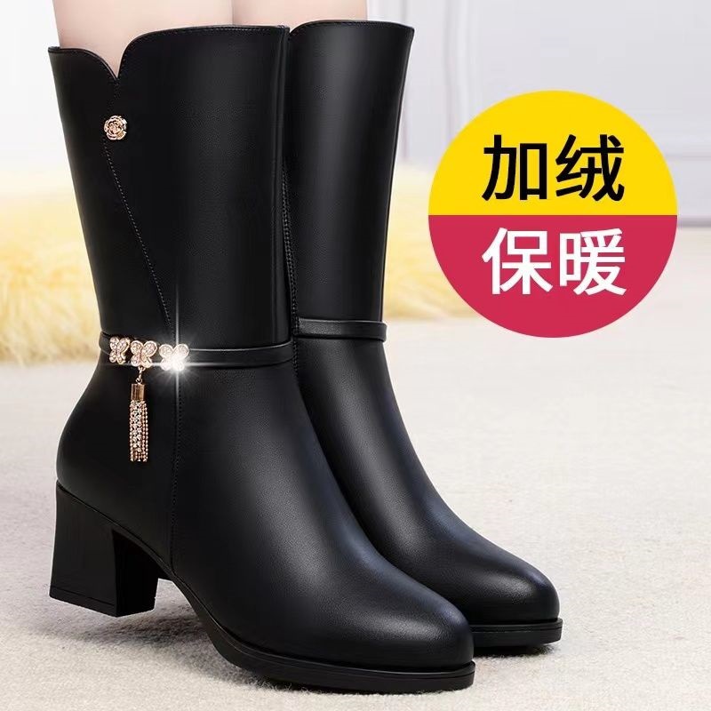 皮妈妈靴子女秋冬季棉鞋中跟加绒保暖软底防滑中老年女士中筒靴