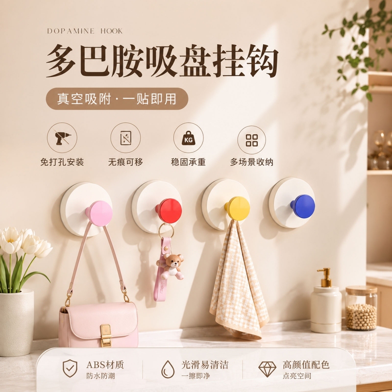 Suction cup hook, no drilling required, strong vacuum, traceless, removable adhesive hook for home kitchen and bathroom wall storage