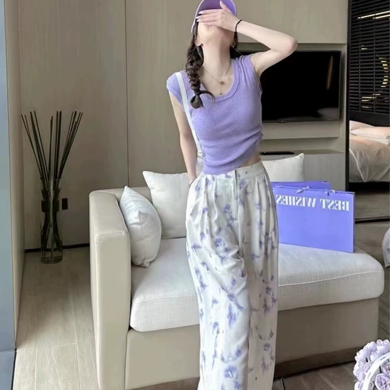 Вязаные фиолетовые брюки‑комплект в стиле Chanel с цветочным принтом, широкие, S–3XL