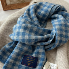 精选珍品澳洲wool100%纯羊毛蓝色小格子围巾冬季加厚保暖情侣围脖