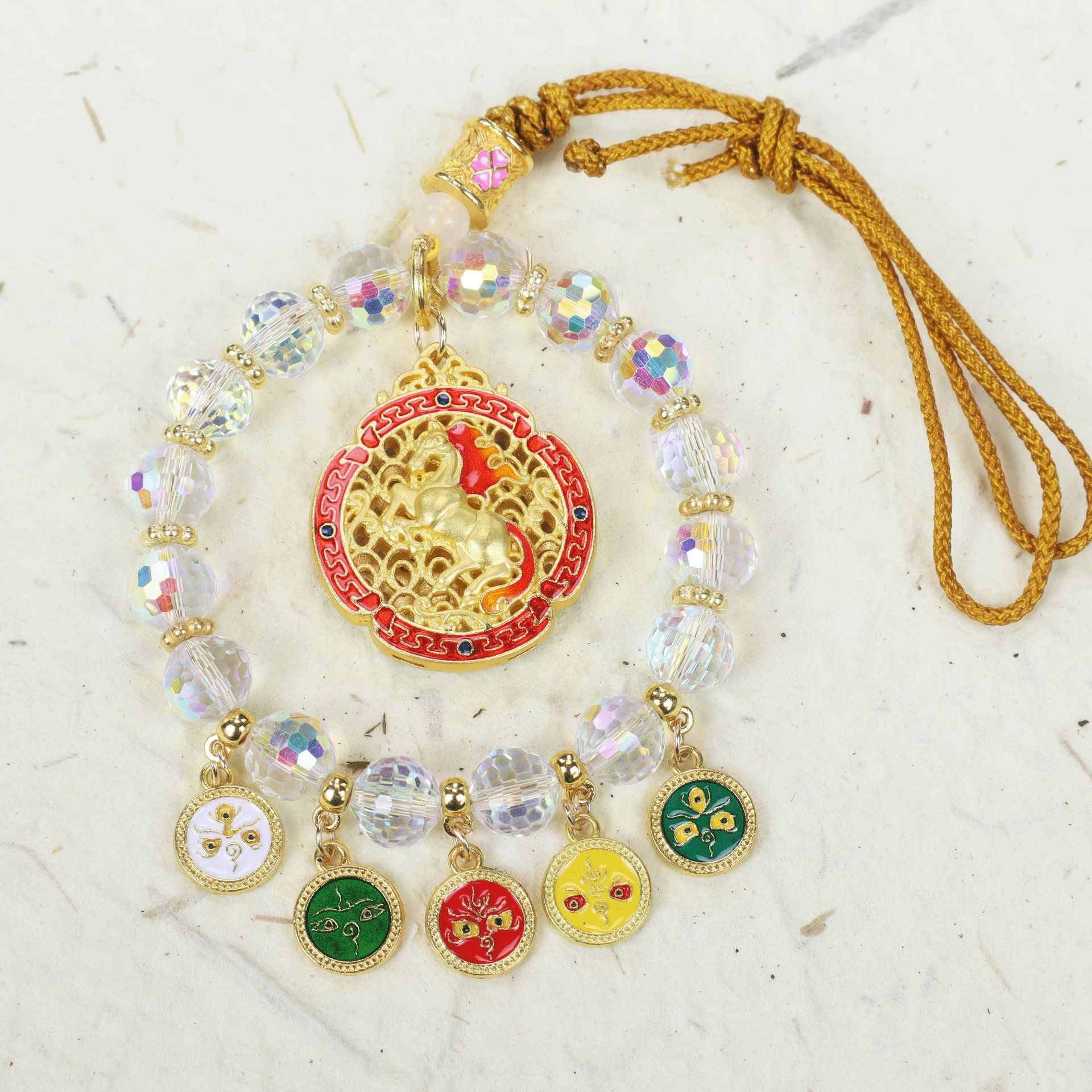 Crystal Five-Path Fortune God Car Hanging Ornament, Multicolor Abacus Lock, High-End Rearview Mirror Decoration, Wealth-Attracting Car Pendant, Interior Car Decoration