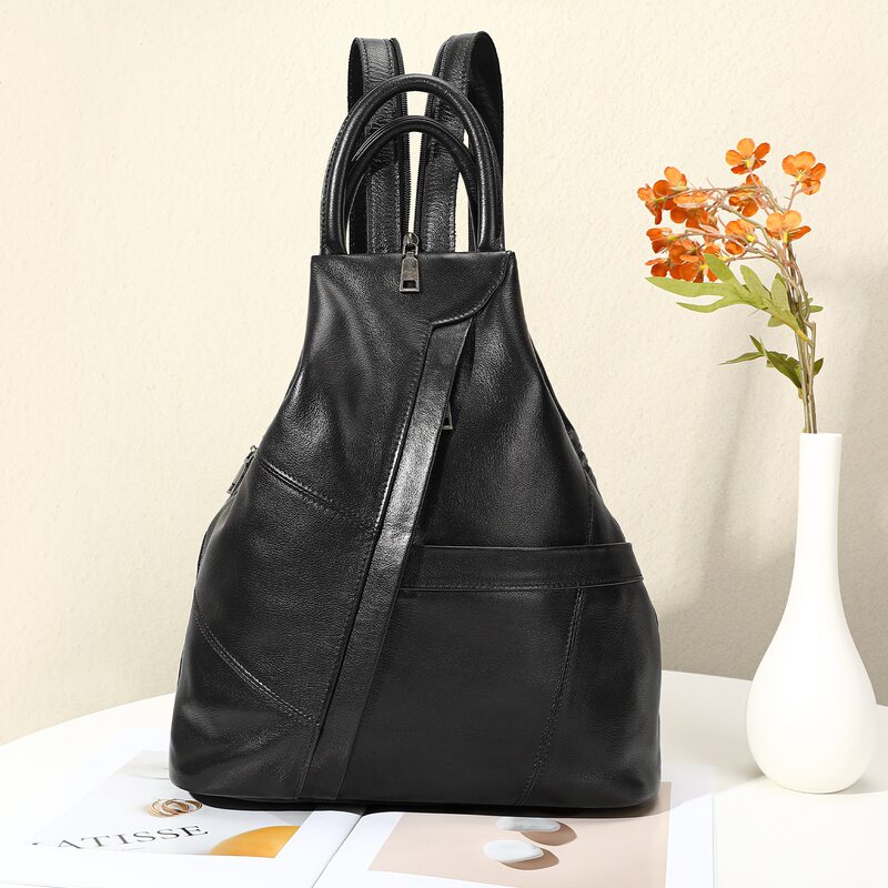 Ba lô nữ da bò thật cao cấp 30×35×12 cm đa năng đeo chéo, đeo vai, xách tay — màu đen
