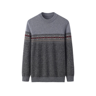 Inner Mongolia Factory Cashmere Sweater Men's Round Neck Thickeneded Knitted Sweater Autumn and Winter New Jacquard Cashmere Bottoming Sweater to Heattech
