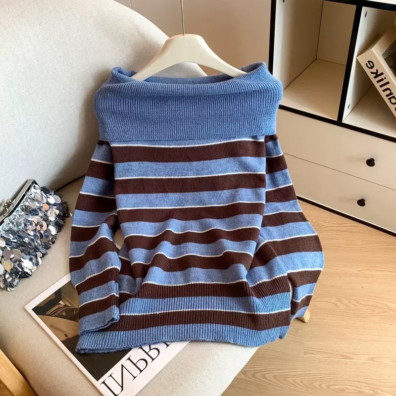 韩国东大门秋季新款慵懒风条纹撞色一字领保暖长袖针织衫毛衣女潮