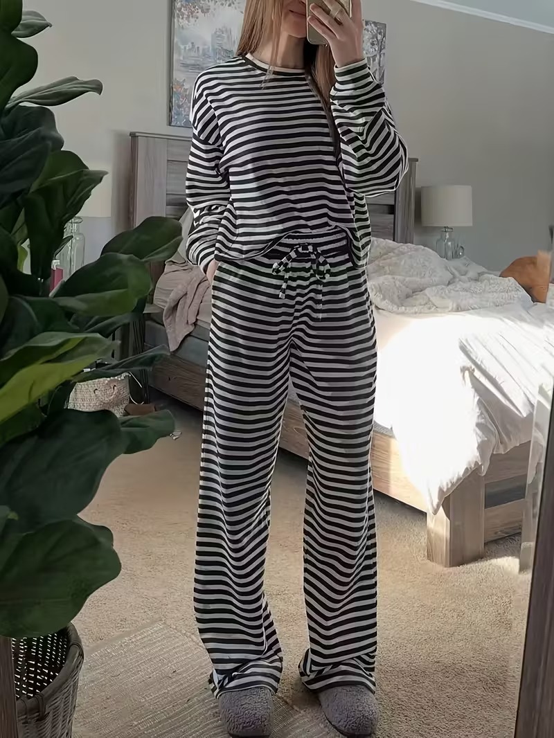 Spring Striped Casual Two-Piece Set: Long-Sleeved Top and High-Waisted Pants