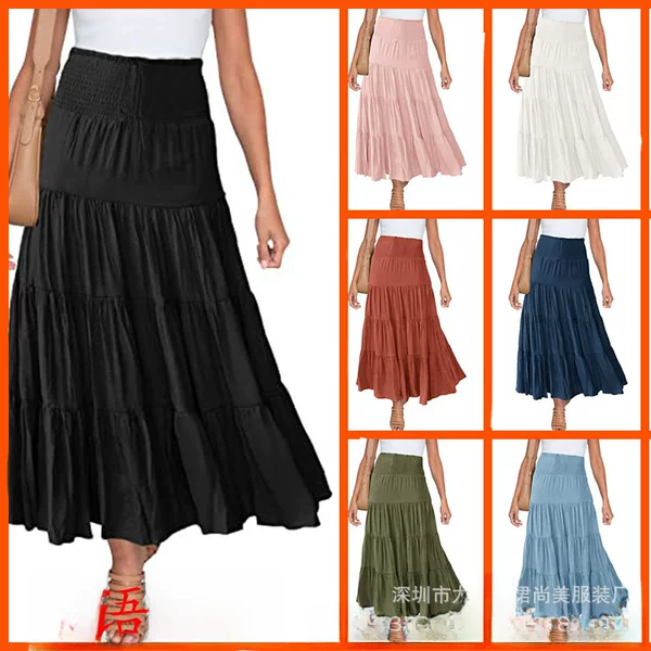 2022 Cross-border European and American Women's Summer Stretch High Waist Bohemian Style Long Dress Casual Drawstring A- line Long Dress