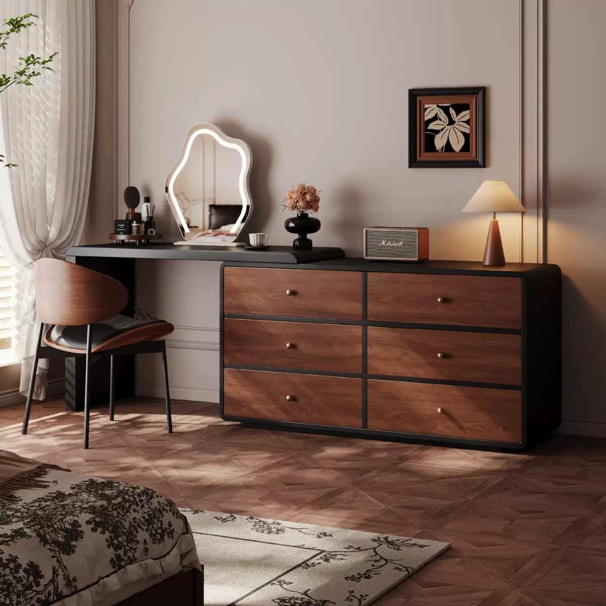 秋岚中古风梳妆台斗柜一体卧室复古实木化妆桌小户型床尾柜收纳柜