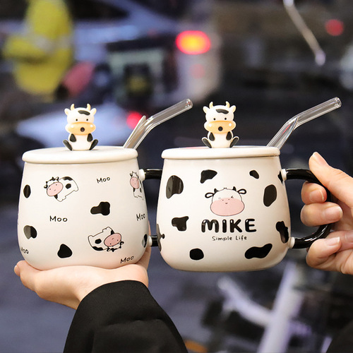 Cute milk cup with lid, spoon, good-looking mug, student couple cup, creative cow ceramic cup, coffee cup
