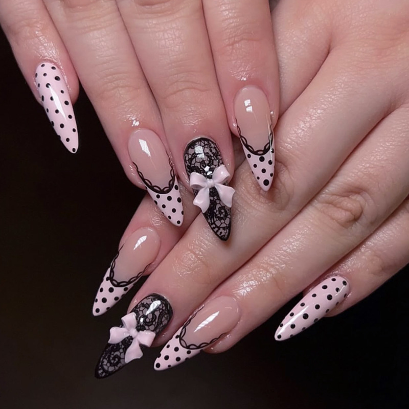 Black Polka Dot Press-On Nails, Almond Nails, French Pink Manicure, Pink Bow Press-On Nails