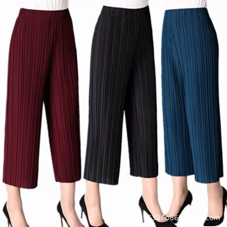 Летние плиссированные брюки-кюлоты для женщин среднего и старшего возраста, одежда для мам, брюки-юбка больших размеров, однотонные прямые брюки оптом