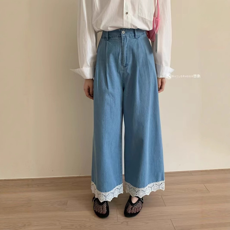 Big Sale Non-Returnable, Imaginative Style Lace Straight Jeans for Women in Early Spring, Loose and Versatile Wide-Leg Pants for Small People