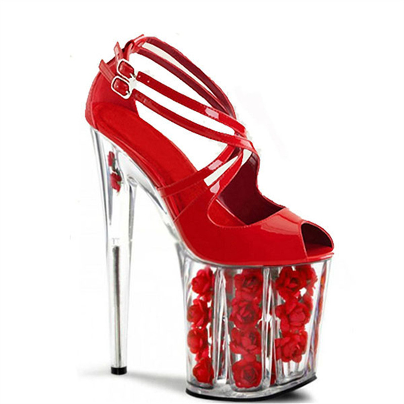2024 verano nuevo tacones rojos rosados transparentes tablero impermeable hebilla sandalias de moda de tacones 20 cm