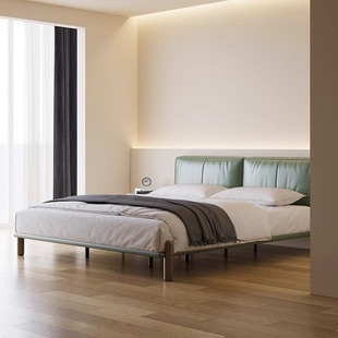First-Layer Cowhide Soft Bed Italian Minimalist Internet Celebrity Master Bedroom Double Bed Designer Cream Style Tofu Block Leather Bed
