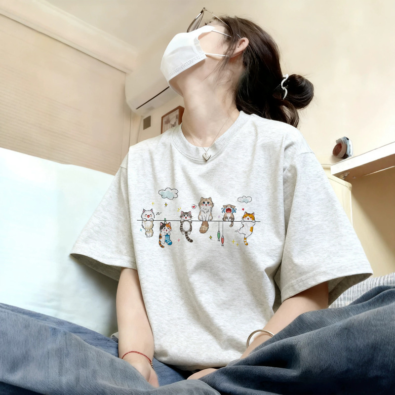 Cartoon Pure Cotton White and Gray Short-Sleeved Women's T-Shirt Summer 2026 New Hot Style Super Nice-Looking Top with a High-End Feel Half-Sleeved