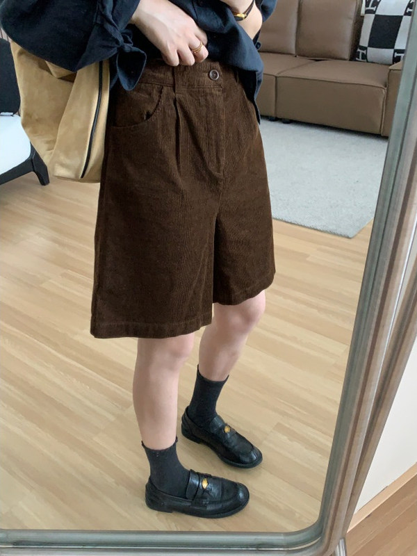 灯芯绒五分裤女春秋新款日系复古高腰宽松显瘦一粒扣休闲阔腿中裤|undefined
