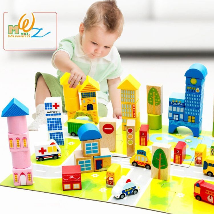 Bloques de construcción de madera para niños 62 piezas de aprendizaje tema creativo bloques de construcción de calidad montaje de partículas grandes juguetes educativos de educación temprana