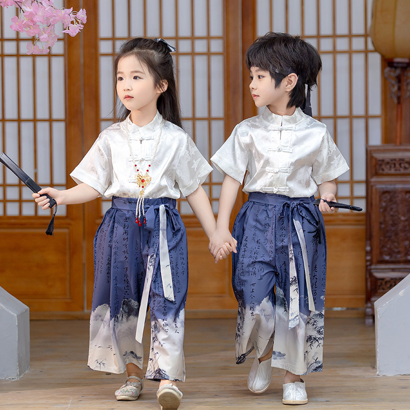 Children's performance attire with Chinese style for boys and girls, summer Hanfu for kindergartens, Chinese-style Tang suit for babies, ancient costume fashion