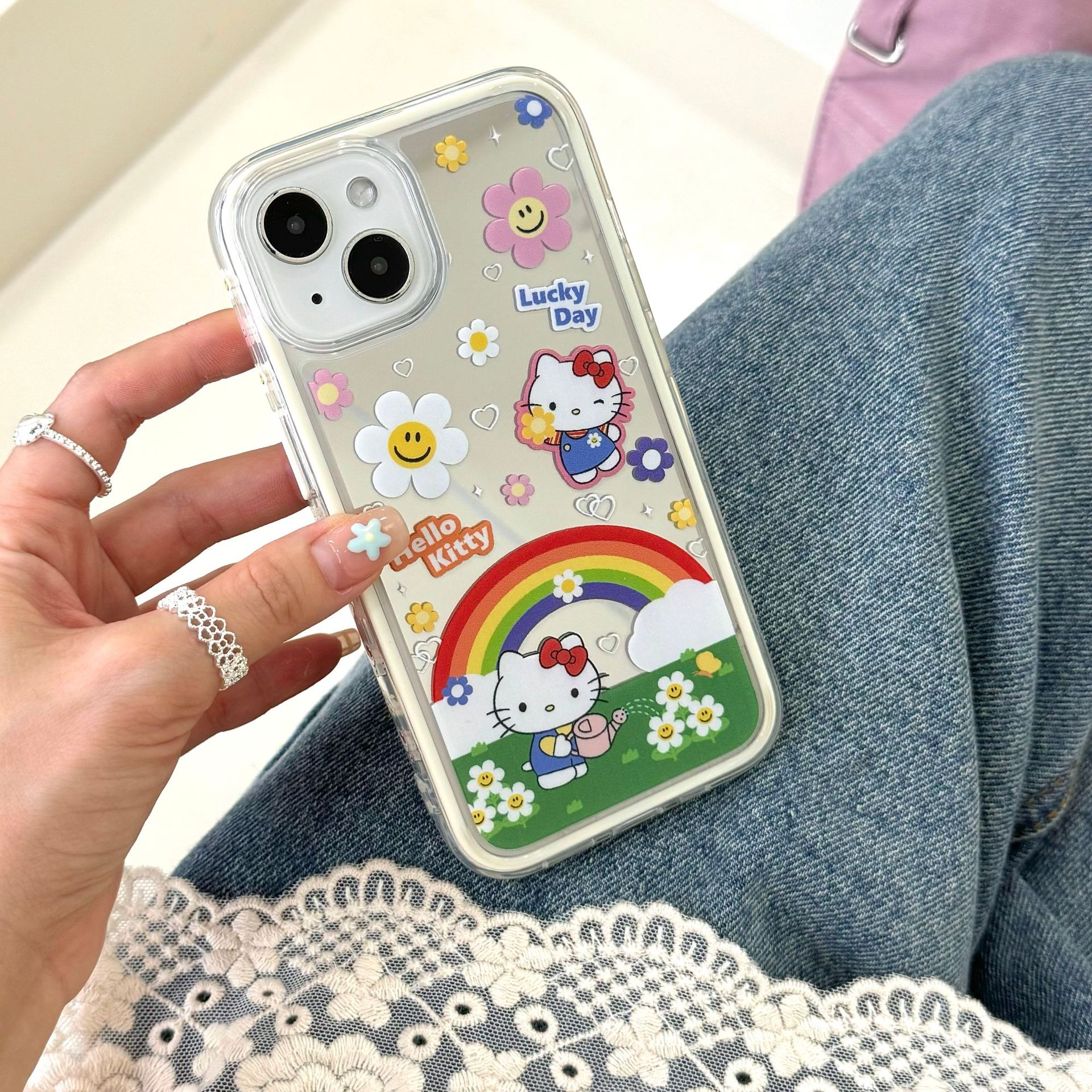 Dibujos animados de nicho Rainbow Cat para Apple 15ProMax funda para teléfono móvil 16Pro Mirror 14/13 Flores 16PM