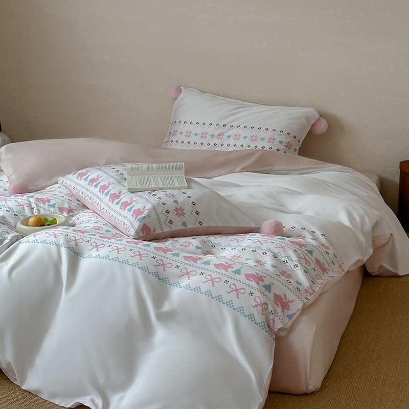 Cocoa Love Love ~ 60 Lanjing Tencel Four-piece Set French Girl Strap Quilt Cover Pillowcase Summer Ice Silk Bedding