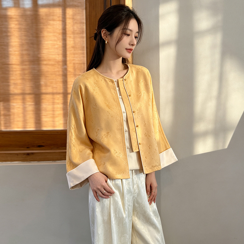2026 Autumn New Chinese Style Jacquard Small Round Collar Folded Sleeve Mid-Sleeve Vintage Jacket and Suspender Wide-Leg Pants Set