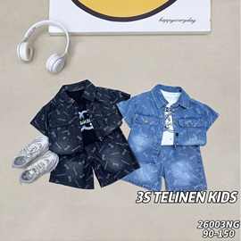 工厂直销夏新款儿童牛仔短裤套装爆款纯色外贸翻领开衫男童2件套