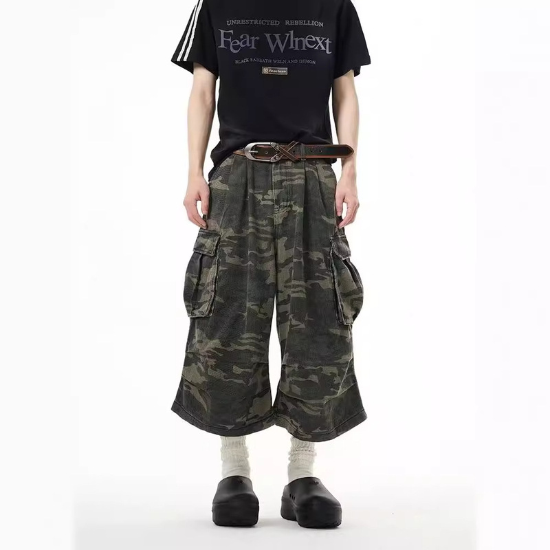 American Style Retro Camouflage Overalls Jeans Men's Summer 2024 New Fashion Brand Straight Loose Wide-leg Capri Pants