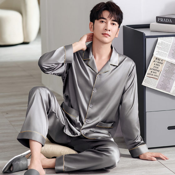 Ice Silk Men's Pajamas Spring and Autumn Ice Silk Long Sleeve Trousers 2024 New Autumn and Winter High-end Sense Home Clothes