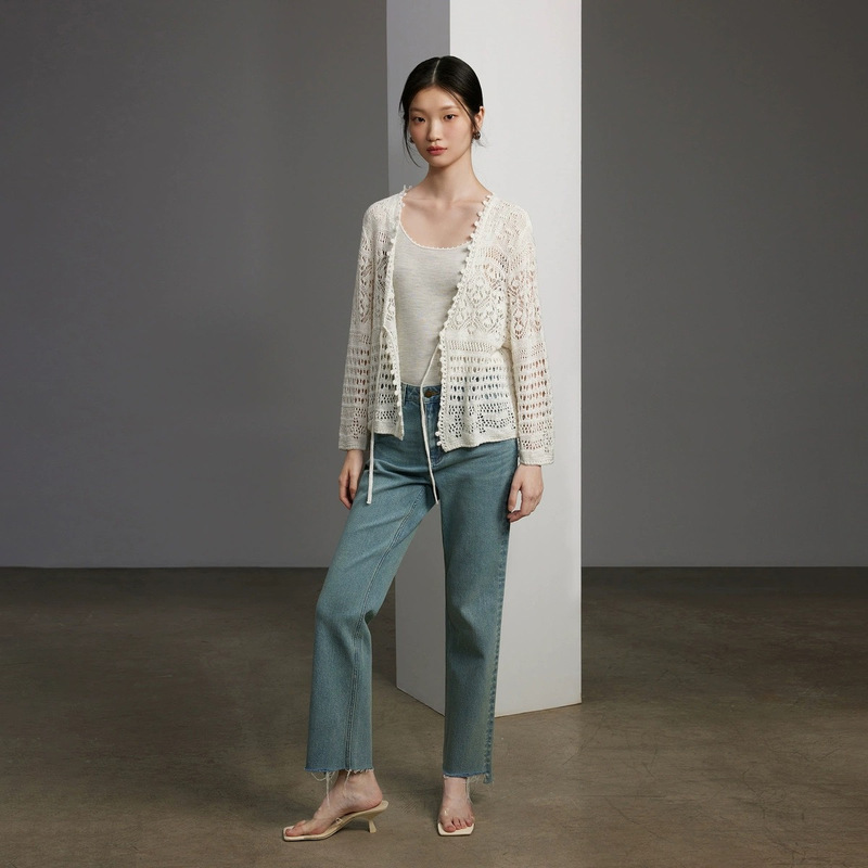 Erlu Women's Summer Thin Hollow Linen Cardigan with Lace-Up Lace Top and Strap Dress with Navy Style Overlay