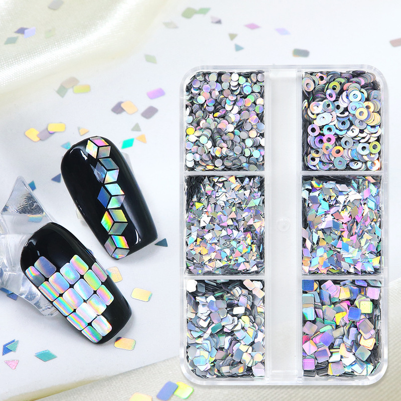 Explosive 6-Grid Laser Silver Geometric Square Nail Art Sequins European and American Personalized Nail Sequins Amazon Cross-Border