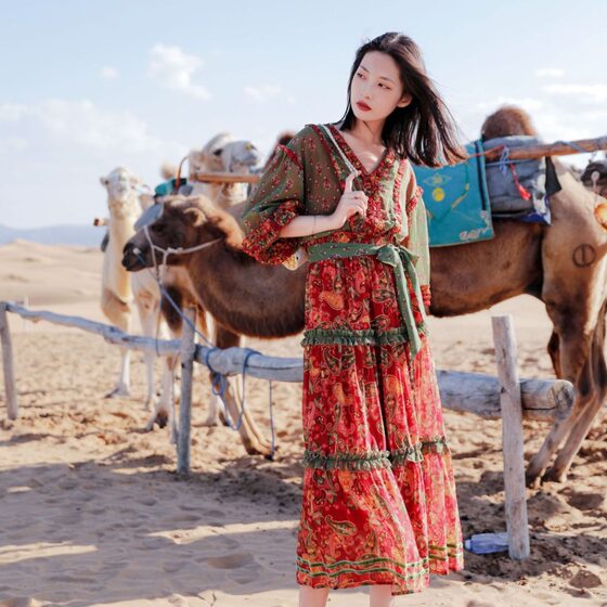 Vintage Ethnic Style Summer Bohemian Dress Women's New V-neck Lotus Leaf Sleeve Slimming Seaside Vacation F908