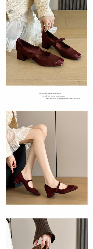 Giày Mary Jane nữ mũi vuông gót thô 3–6 cm, da bóng họa tiết da báo, quai ngang — Màu da báo, Màu đỏ rượu, Xanh lá cây chi tiết 6