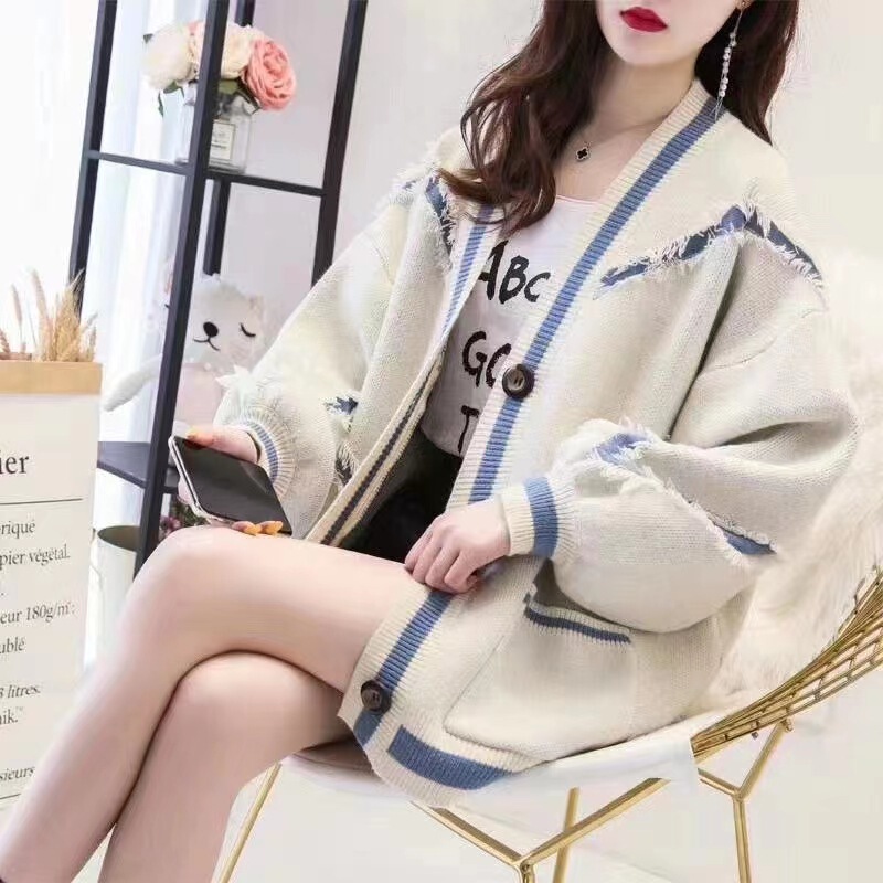 Korean Style Color-block Tassel Knitted Cardigan 2024 New Autumn Loose Thickened Knitted Sweater Long-sleeved Women's Coat