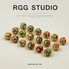 Jingtailan round bead button, ancient gold-preserved copper buckle, blue-burnt hollowed-out wire enamel color ancient Chinese Hanfu and cheongsam button