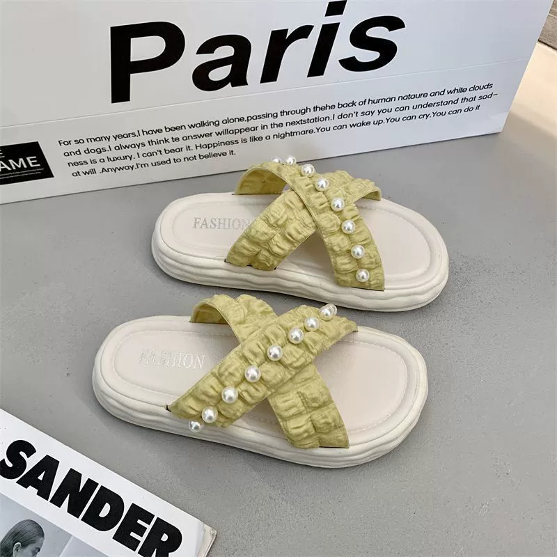 Сандалии с перекрестным жемчугом в сказочном стиле, женская верхняя одежда, новая обувь на платформе, приморские пляжные Тапочки