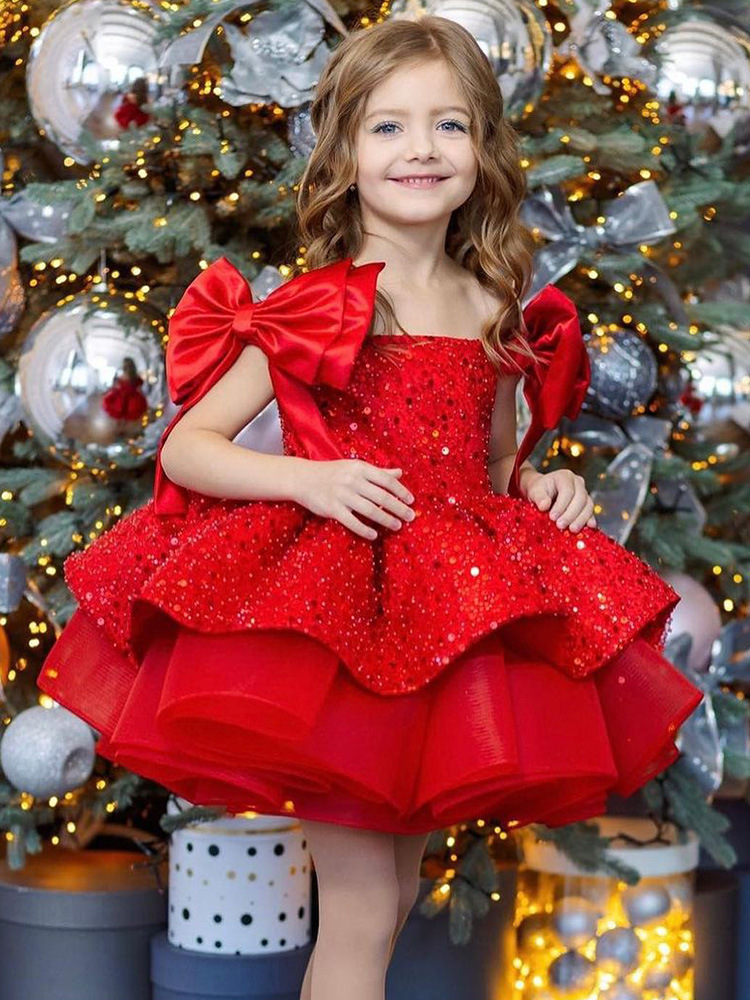 Christmas children's dress, red colored nail sequins, small princess costume, new collection, tulle