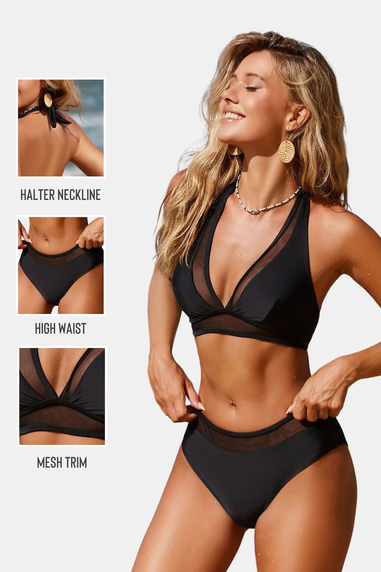 Women's High-waisted Halter Neck Bikini Set Mesh Slimming Two-piece_voghion.com