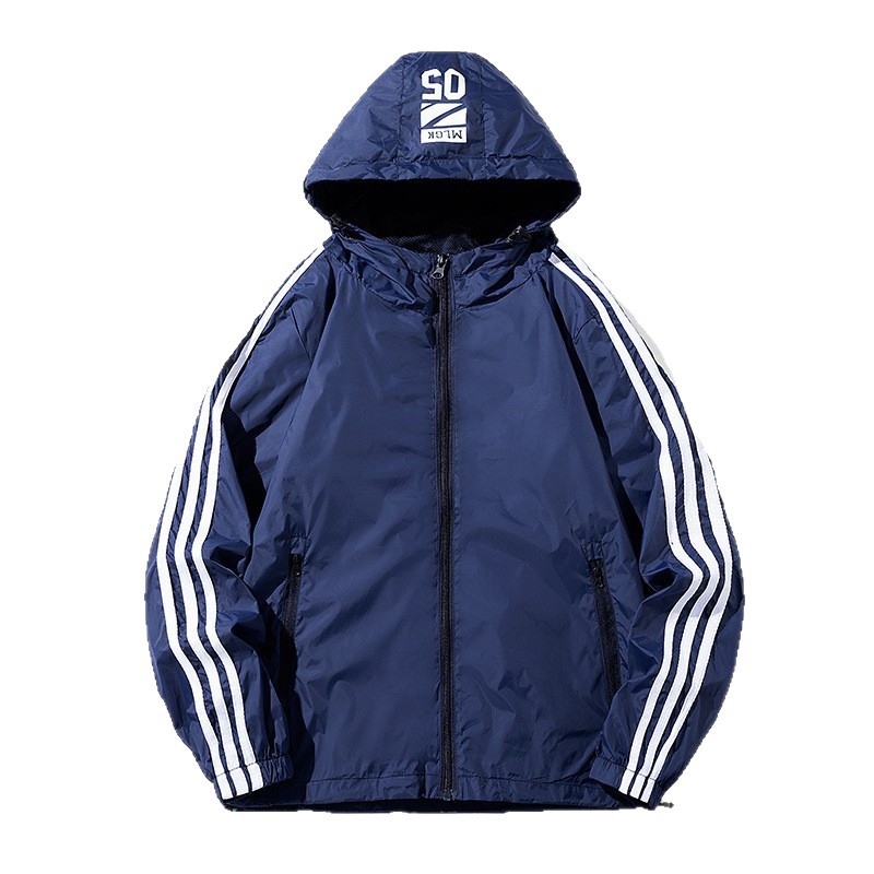 Chaqueta deportiva transfronteriza para hombre, fina, de primavera y otoño, informal, cortavientos para exteriores, talla grande, con capucha y tres rayas.