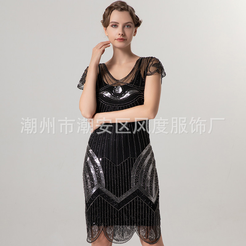 1920 Vintage Gatsby Prom Party Sequins Short Sleeve dress plus size Beaded Dress Amazon Cross Border