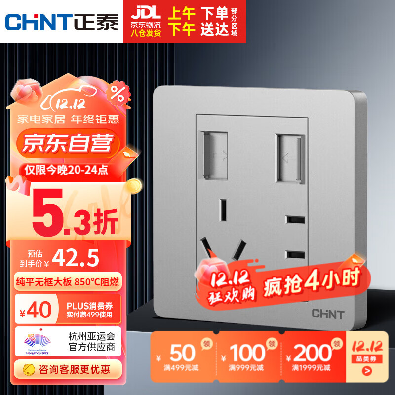 正泰开关插座墙壁面板10A五孔双USB电源插座2100mA幻银灰NEW6-C13