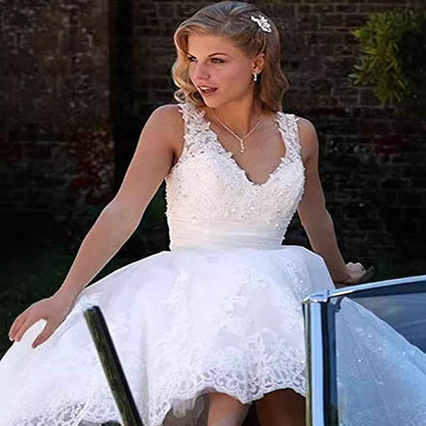 Comercio exterior europeo y americano vestido de novia de encaje corto viaje tul diamantes de imitación con cuello en V vestido de novia vestido retro image 3