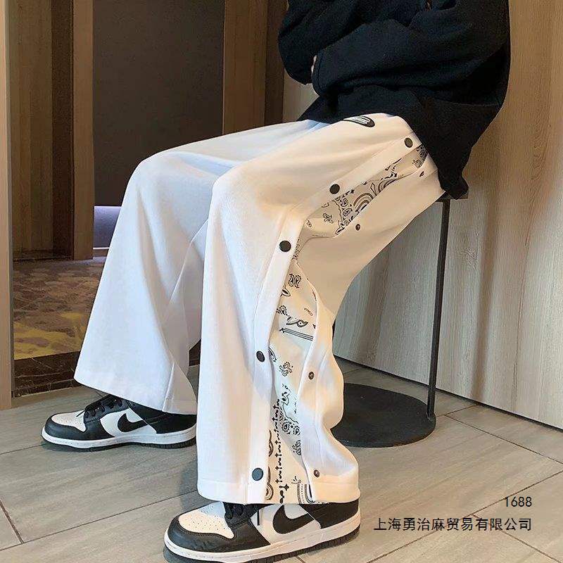Men's button-down paisley pants, trendy and stylish high-street design, straight leg, loose fit, wide-leg casual pants for spring and autumn.