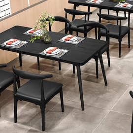 简约小户型吃饭桌烧烤桌火锅长方形食堂桌家用碳化黑色实木餐桌椅