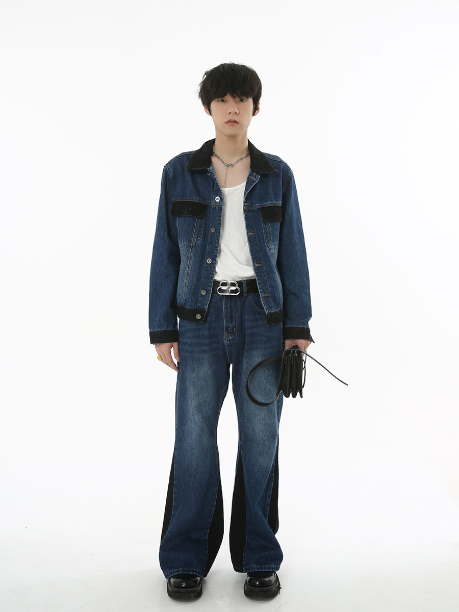 Mtlclothes ropa de Hombre | 2023 nuevo Hong Kong estilo retro contraste color costura pantalones acampanados Denim chaqueta traje moda