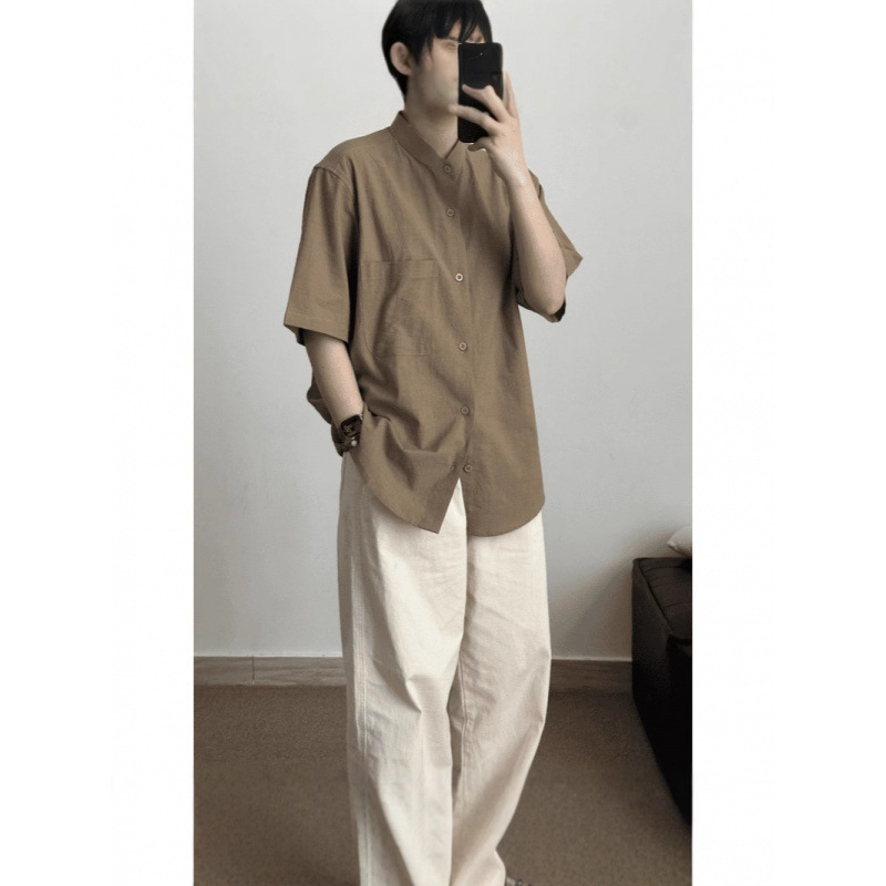 Old Money Style Cotton Linen Henley Collar Short-Sleeved Shirt Men's Summer Thin Pleated Texture Casual Stand-Up Collar Pure Color Shirt