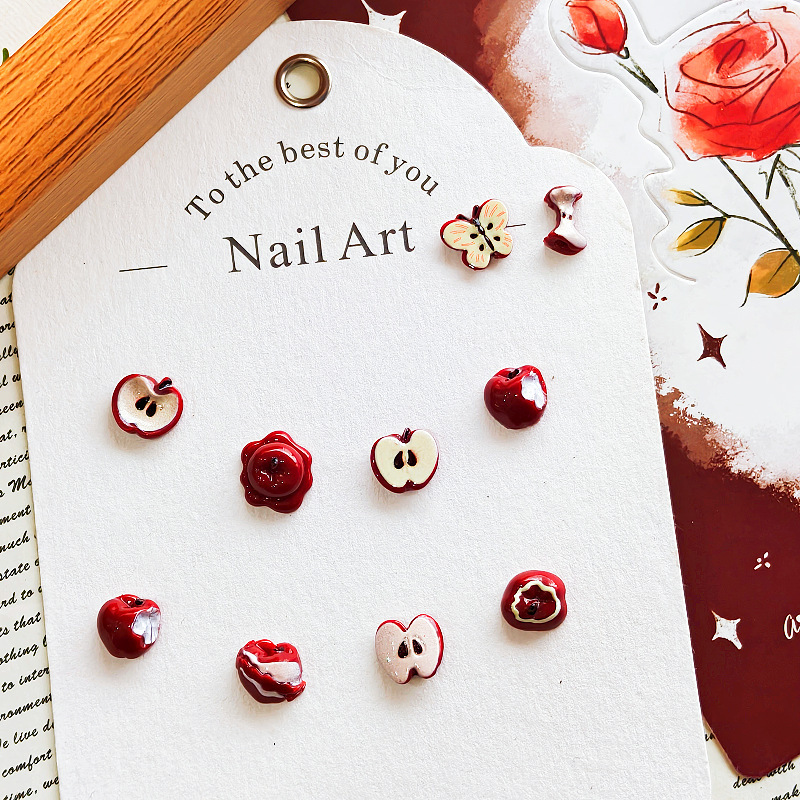 Simulated Stereo Apple Slices Fruit Christmas Red Apple Resin Nail Earrings Wearable Nail Handbook DIY Accessories