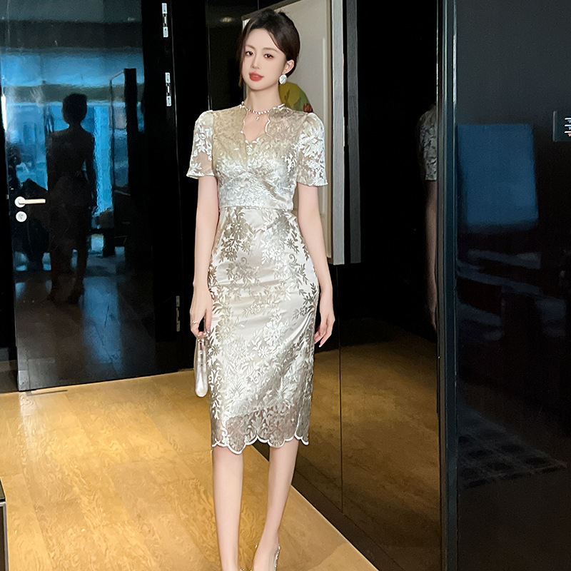 Wedding Banquet Evening Dress 2026 Summer New Style Women's French-Style Elegant V-Neck Waist-Cinching Short-Sleeve Lace Dress 21377