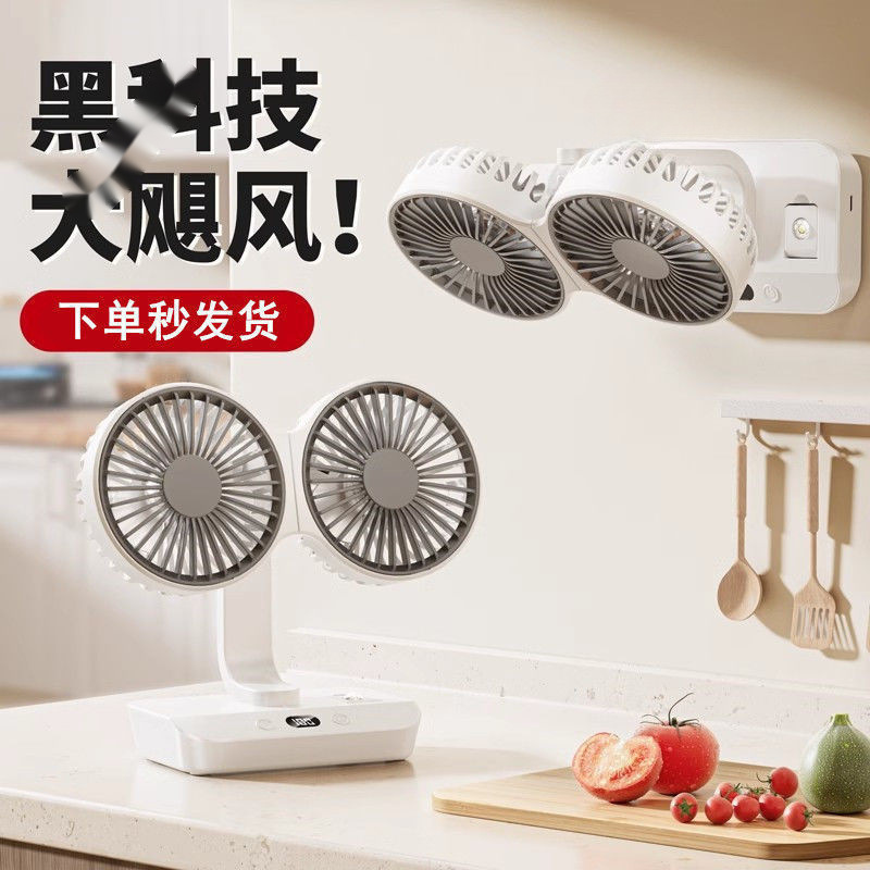Multifunctional Double-Head Small Fan Shaking Head Fan Desktop Fan Outdoor Silent Electric Fan Office Home Fan