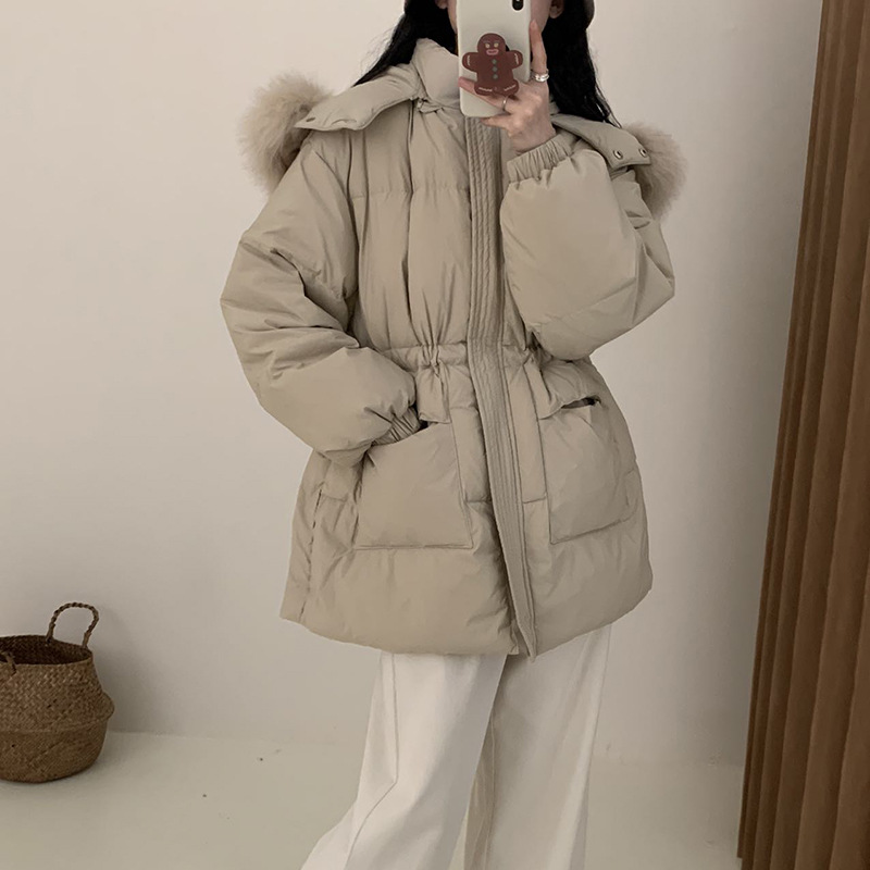 高級韓国風ダウンジャケット レディース ショート丈 2025年冬新作 厚手 フォックスファー襟 ウエストシェイプ 細見え ホワイトダックダウンジャケット