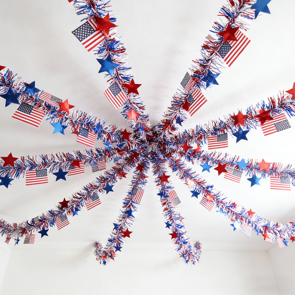 Día de la Independencia de los Estados Unidos tira de flores rojas, blancas, azules, estrellas de lana 250 aniversario de la bandera de decoración, colgante de cinta de hierba
